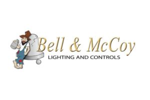 Brand logo for Bell & McCoy Lighting and Controls featuring a cartoon handyman beside a light fixture